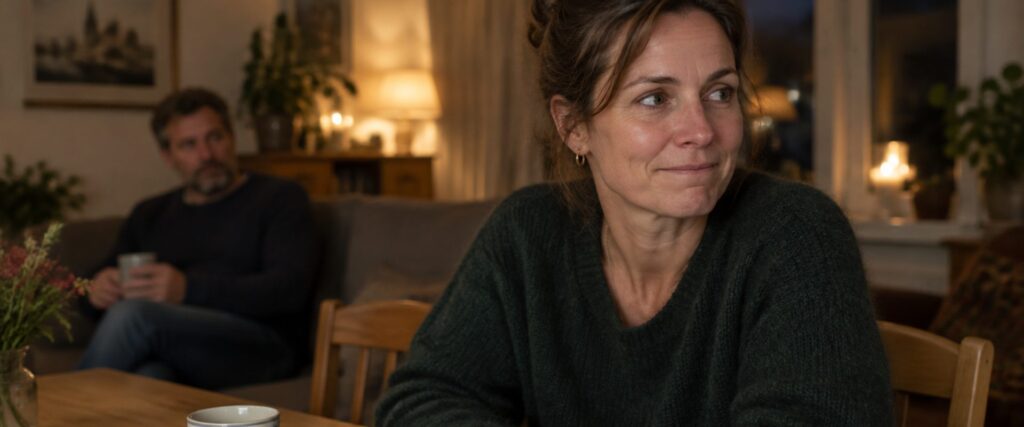 Vrouw aan de keukentafel die inslikt wat ze eigenlijk wil zeggen